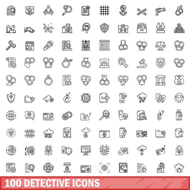 100 dedektif ikonu hazır. Beyaz arkaplanda izole edilmiş 100 dedektif simgesi çizimi