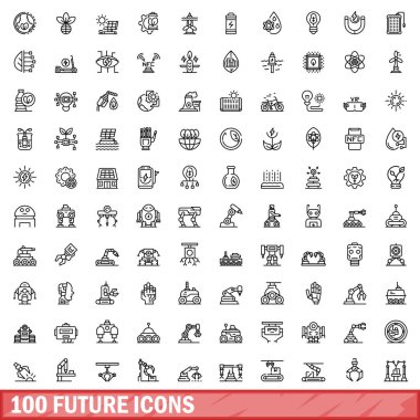 100 tane gelecek simgesi belirlendi. Beyaz arkaplanda izole edilmiş 100 gelecekteki simge vektörünün taslağı