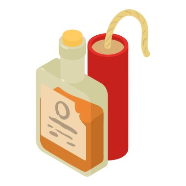 Maceracılık konsepti izometrik vektörü. Viski şişesi ve kırmızı dinamit çubuğu. Vahşi batı konsepti, batı