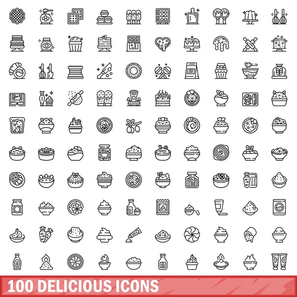 100 Deliciosos Ícones Delineamento Ilustração 100 Deliciosos Ícones Vetor Conjunto — Vetor de Stock