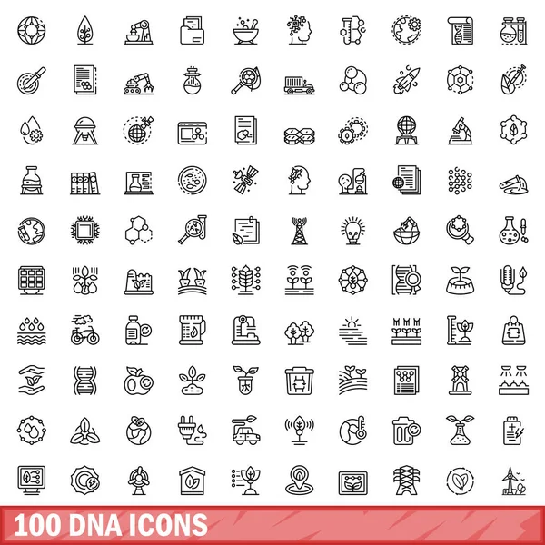 100 Iconos Adn Listos Esquema Ilustración 100 Iconos Adn Conjunto — Vector de stock