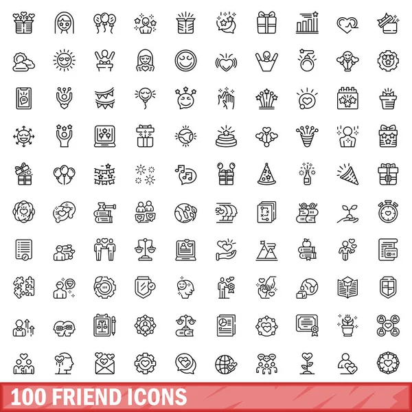 100 Iconos Amigos Esquema Ilustración 100 Iconos Amigos Vector Conjunto — Vector de stock