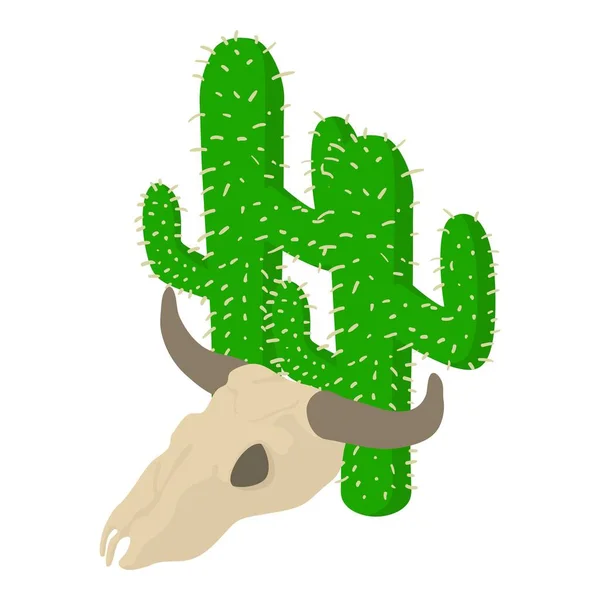 Western Symbol Icon Isometric Vector Buffalo Skull Giant Green Cactus — Stock Vector