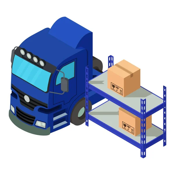 Magazynowy Wektor Izometryczny Ikony Logistycznej Duża Ciężarówka Koło Magazynu Pudełkiem — Wektor stockowy