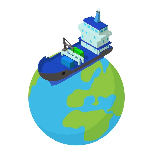 国际航运图标等距矢量 集装箱船在行星周围漂浮 全球后勤 船舶交付 — 图库矢量图片