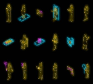Çevrimiçi tarih simgeleri ayarlandı. Siyah üzerine neon rengi olan çevrimiçi tarih vektörü simgelerinin Isometric kümesi