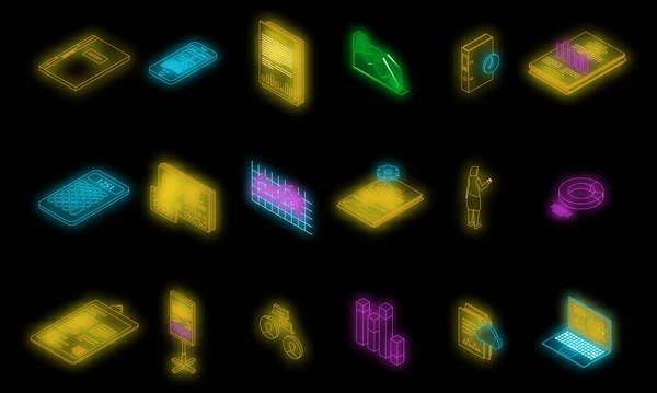 Report Icons Set Isometric Set Report Vector Icons Neon Color — Stock Vector