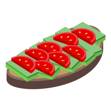 Diyet avokado tost ikonu izometrik vektörü. Ekmek yemeği. Buğday yemeği