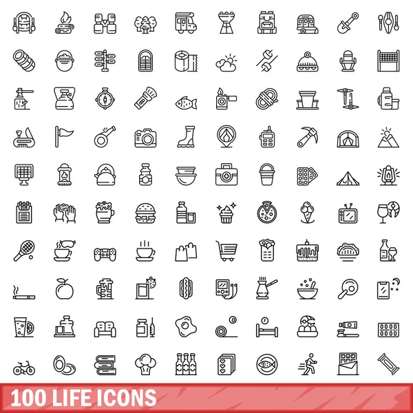 100 Ícones Vida Delinear Ilustração 100 Vida Ícones Vetor Conjunto — Vetor de Stock