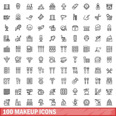 100 makyaj ikonu hazır. Beyaz arkaplanda izole edilmiş 100 makyaj simgesi vektörünün taslağı