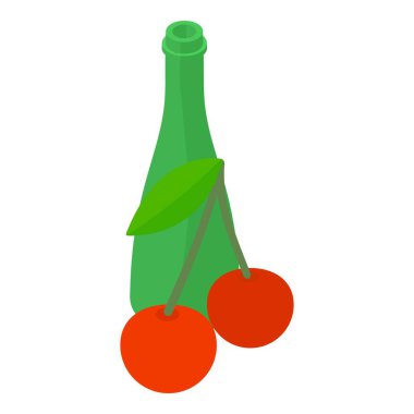 Kiraz içeceği ikonu izometrik vektörü. Taze kırmızı kiraz ve açık cam şişe. Yiyecek ve içecek konsepti