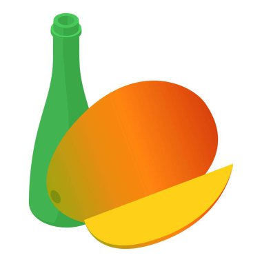 Mango ikon izometrik vektörü. Olgun taze mango ve cam şişe ikonu. Yiyecek ve içecek konsepti