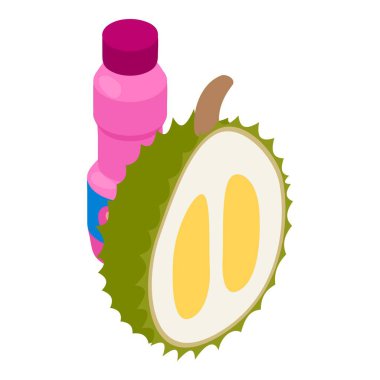 Durian içki ikonu izometrik vektörü. Taze Durian yarısı ve kapalı yoğurt şişesi. Yiyecek ve içecek konsepti