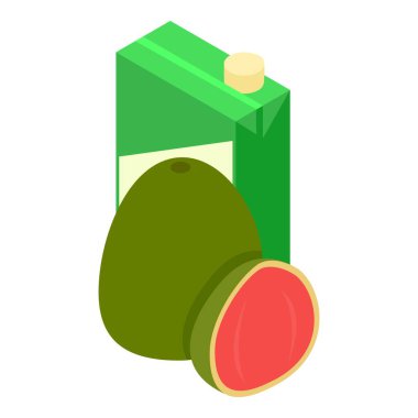 Guava suyu ikonu izometrik vektörü. Olgun tropikal meyve guava ve meyve suyu paketi. Yiyecek ve içecek konsepti