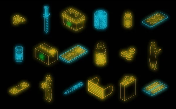 Medikamentenverabreichung Symbole Gesetzt Isometrisches Set Von Medikamentenverabreichungsvektorsymbolen Neon Farbe Auf — Stockvektor