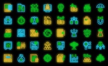 Sermaye kazanç simgeleri ana hat vektörü ayarlandı. Ekonomik işler. Para siyah üzerine neon rengi yükseltir