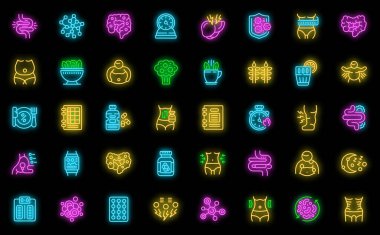 Göbek simgeleri dış hat vektörünü ayarlar. Ağırlıktan sonra. Şişman adam siyah üzerine neon rengi