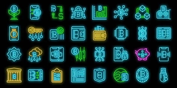 Ikony Úschovny Bitcoinů Nastavují Vektor Osnovy Peněženka Barva Neonu Hotovosti — Stockový vektor