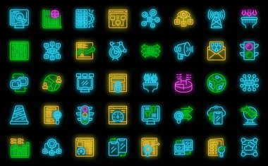 Trafik yönetim simgeleri ana hatları belirledi. Sosyal denetim. Hedef ışık neon rengi siyah üzerine