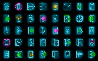 Akıllı telefon simgeleri için koruyucu cam ana hat vektörünü ayarlayın. Cam kırığı. Siyah üzerine kırık ekran neon rengi