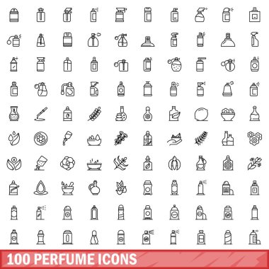 100 parfüm seti. Beyaz arkaplanda izole edilmiş 100 parfüm ikonu vektörünün taslağı