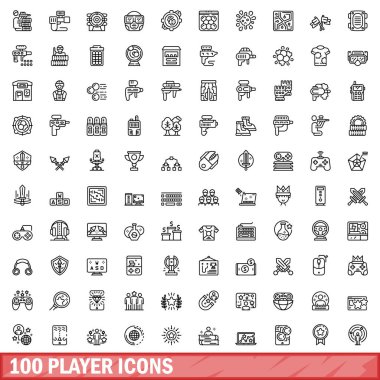 100 oyuncu simgesi ayarlandı. Beyaz arkaplanda izole edilmiş 100 oyuncu simgesi vektörünün taslağı