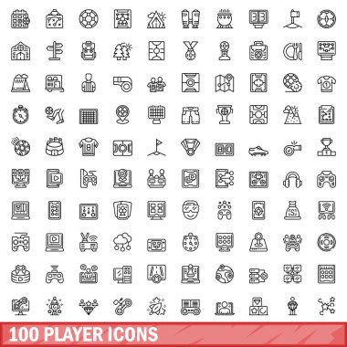 100 oyuncu simgesi ayarlandı. Beyaz arkaplanda izole edilmiş 100 oyuncu simgesi vektörünün taslağı