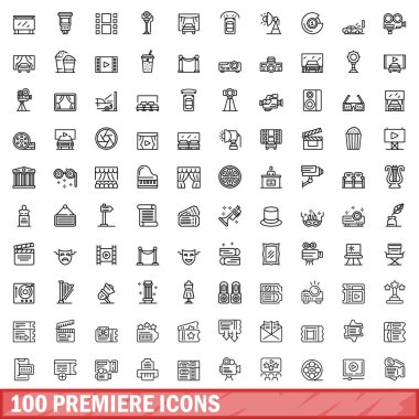 100 ilk simge ayarlandı. Beyaz arkaplanda izole edilmiş 100 adet ana simge vektörünün taslağı