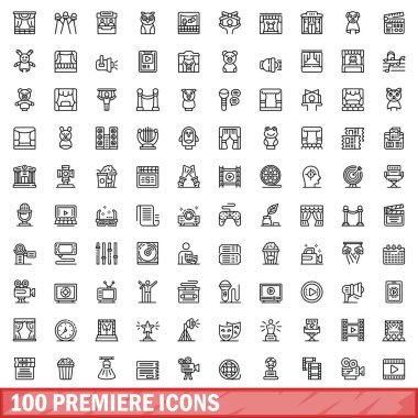 100 ilk simge ayarlandı. Beyaz arkaplanda izole edilmiş 100 adet ana simge vektörünün taslağı