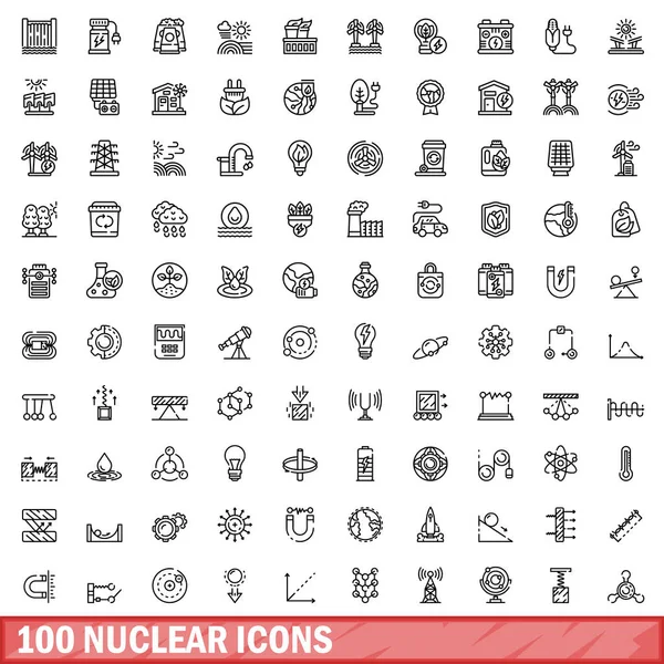 100 Iconos Nucleares Listos Esquema Ilustración 100 Iconos Nucleares Vector — Vector de stock