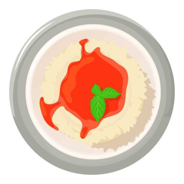 Panna cotta ikon izometrik vektörü. Meyve reçeli ve nane yaprağı ikonlu panna cotta. Tatlı, kahvaltı, tatlı yemek, üst manzara.