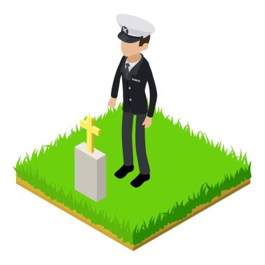 Deniz kaptanı ikon izometrik vektörü. Adam kaptan karakteri arkadaşının mezarının yanında duruyor. Askeri mezarlık, anma günü.