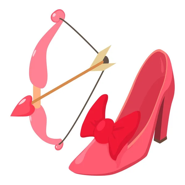 ウェディングアクセサリーアイコン等角ベクトル ピンクの女性のお祝いの靴とキューピッド弓 アクセサリー 結婚式のコンセプト — ストックベクタ
