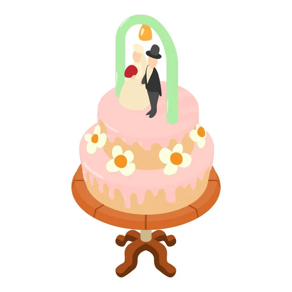 ウェディングケーキアイコン等角ベクトル 花嫁と新郎フィギュアとツイーターケーキ 結婚式のデザートイベント — ストックベクタ