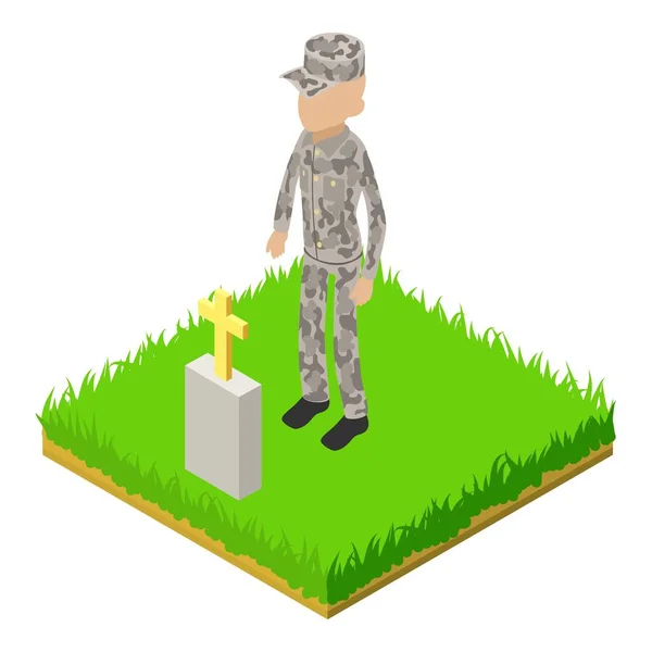 美国士兵图标等距矢量 士兵站在朋友墓碑旁边 军人公墓 纪念日 — 图库矢量图片