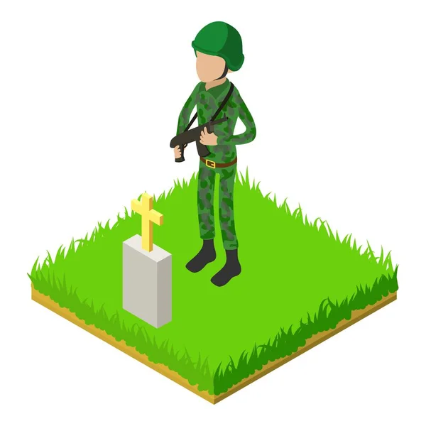 Στρατιωτικό Εικονίδιο Ισομετρικό Διάνυσμα Στρατιώτης Όπλο Στέκεται Κοντά Στον Τάφο — Διανυσματικό Αρχείο