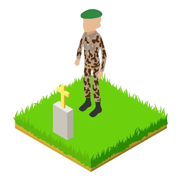 绿色贝雷帽图标等距矢量 身着制服的陆军中士站在坟墓边 军人公墓 纪念日 — 图库矢量图片
