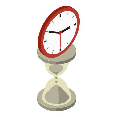 Zaman kavramı izometrik vektörü. Modern yuvarlak duvar saati ve kum saati ikonu. Evrimi izle ve izle