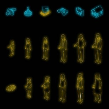 Jenerasyon simgeleri ayarlandı. Üretim vektör simgelerinin özdeş kümesi siyah üzerine neon rengi