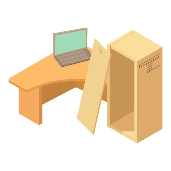Icon Isometrischer Vektor Arbeitsplatz Schreibtisch Mit Laptop Und Offener Holzkiste — Stockvektor
