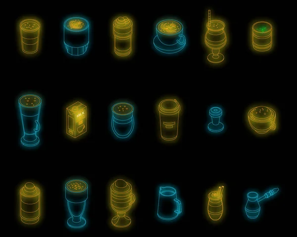 Icônes Latte Réglées Ensemble Isométrique Icônes Vectorielles Latte Couleur Néon — Image vectorielle