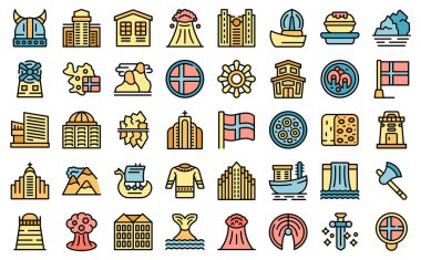 İzlanda simgeleri dış hat vektörünü ayarlar. Kuzey adası. Kutup turistleri beyaz üzerine ince çizgi rengi