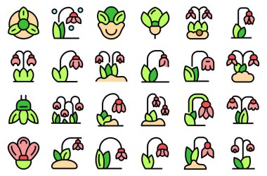 Kar damlası simgeleri dış hat vektörünü ayarlar. Doğa çiçeği. Bahar çiçeğinin ince çizgisi beyaz üzerine