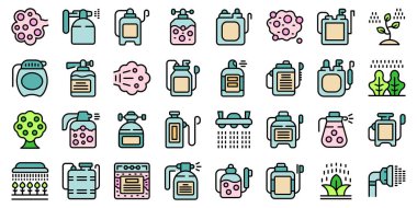 Böcek ilacı spreyi simgeleri ana hatları belirler. Bahçe basıncı. Çiftlik çimlerinin ince çizgi rengi beyaza