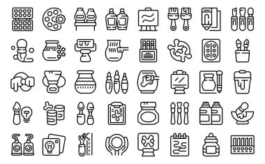 Sanat atölyesi simgeleri ana hatları belirledi. Okul aletleri. Sınıftaki bebek.