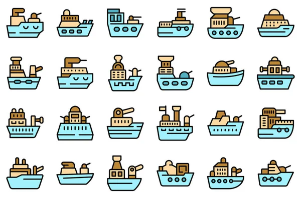 Warship Icons Set Outline Vector Aircraft Carrier War Boat Thin — Stock Vector