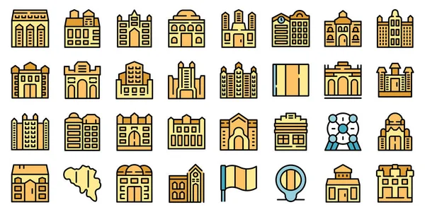 stock vector Brussels icons set outline vector. Belgium skyline. City view thin line color on white