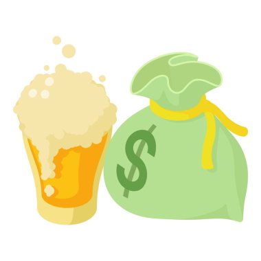 Bira ticaret ikonu izometrik vektörü. Bardak köpüklü bira bardağı ve dolar işaretli çanta. İçecek üretimi, iş