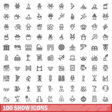 100 gösteri simgesi ayarlandı. Beyaz arkaplanda izole edilmiş 100 simge vektörünün taslağı