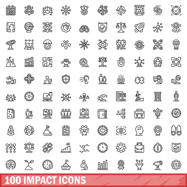 100 Iconos Impacto Establecidos Esquema Ilustración 100 Iconos Impacto Conjunto — Vector de stock